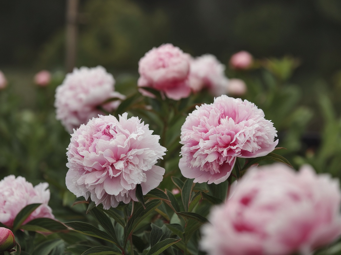 A close-up view of pink peonies in full bloom, showcasing their fluffy petals and vibrant color.