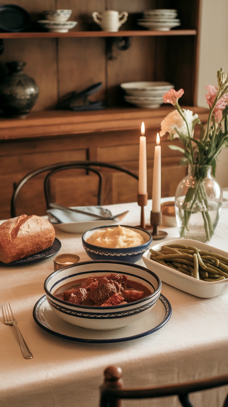 A cozy dinner table set with beef stew, mashed potatoes, green beans, and fresh bread.