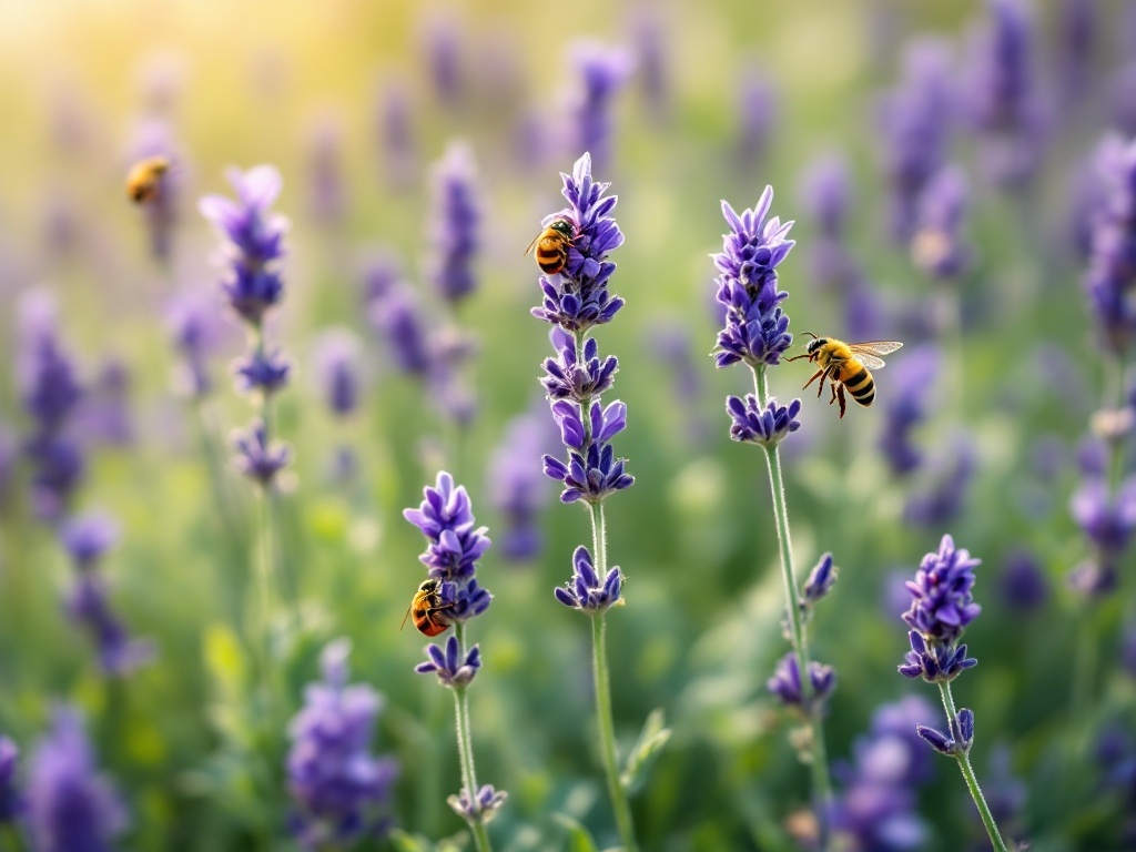 Lavender flowers with bees pollinating them in a garden setting