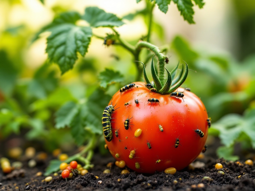 A tomato infested with various pests including insects and caterpillars.
