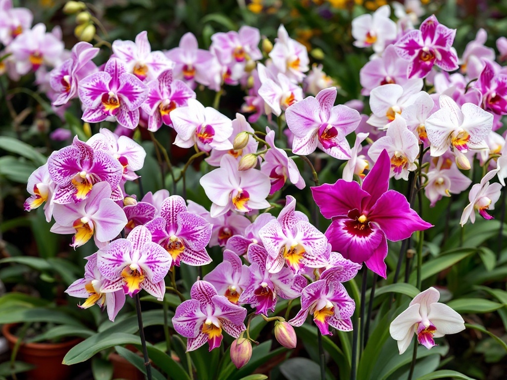 A vibrant display of Phalaenopsis orchids featuring shades of pink and yellow.