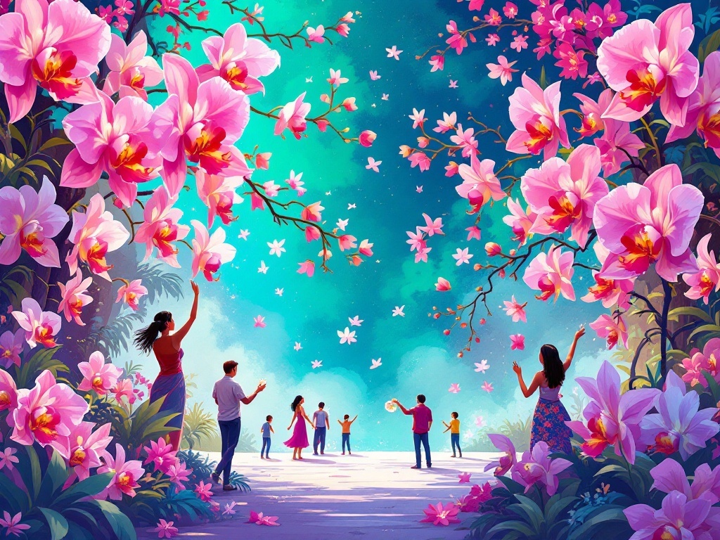 A vibrant scene depicting people celebrating amidst blooming Phalaenopsis orchids, showcasing pink and yellow flowers in a lively atmosphere.