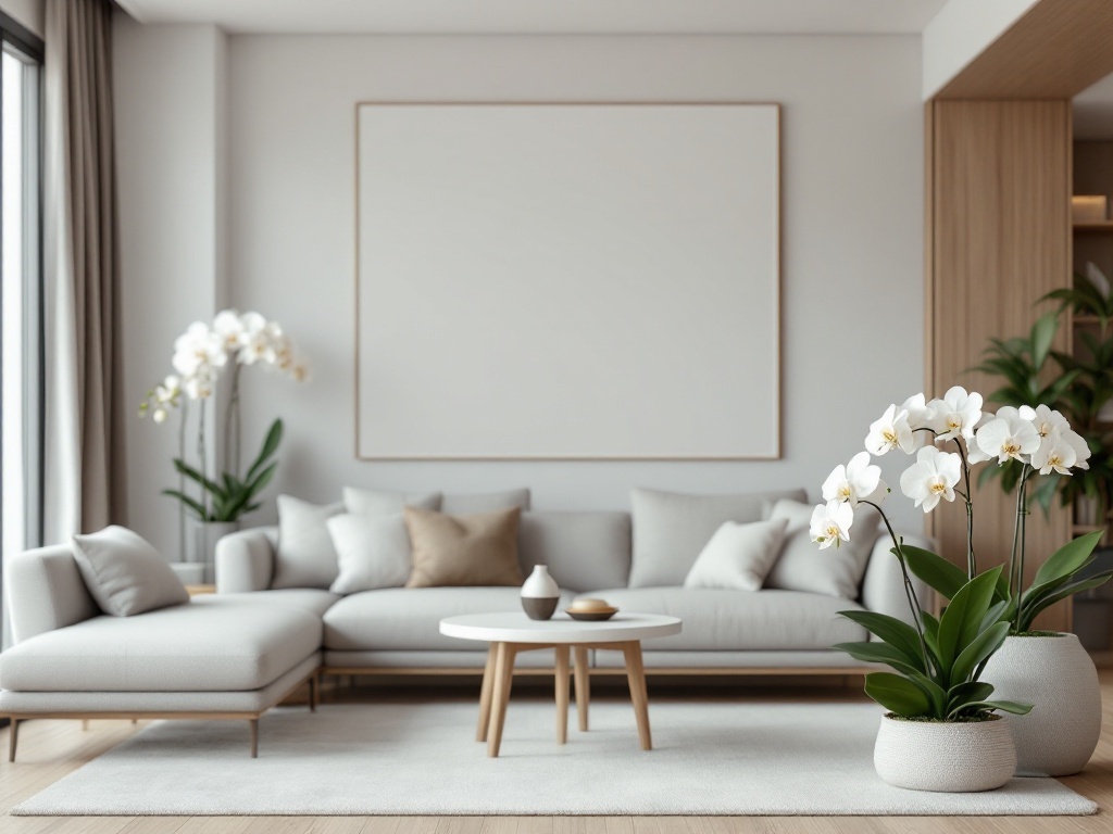 A modern living room featuring Phalaenopsis orchids in stylish pots, complemented by neutral furniture.