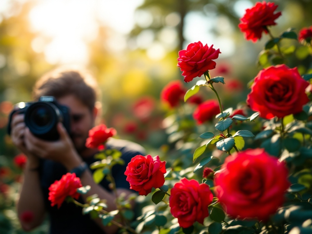 A photographer capturing red roses in a vibrant garden.