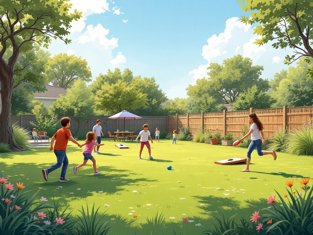 A vibrant backyard scene with children and adults playing outdoor games like cornhole and frisbee.
