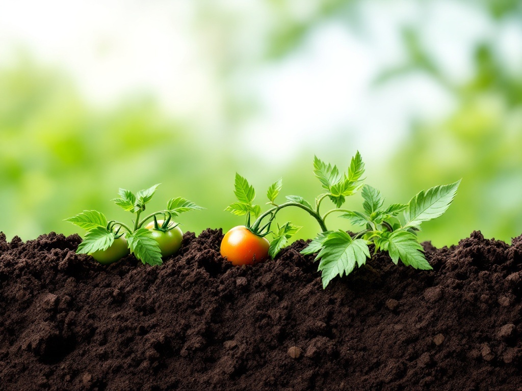 Young tomato plants with green and orange tomatoes growing in rich soil