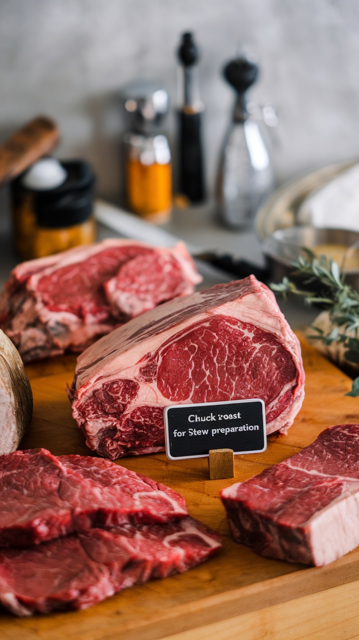 Selection of beef cuts, prominently featuring a chuck roast for stew preparation.