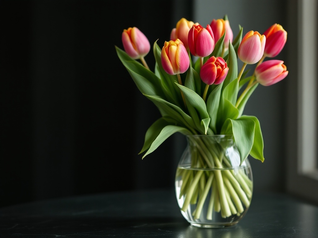 A bouquet of colorful tulips in a glass vase on a table.