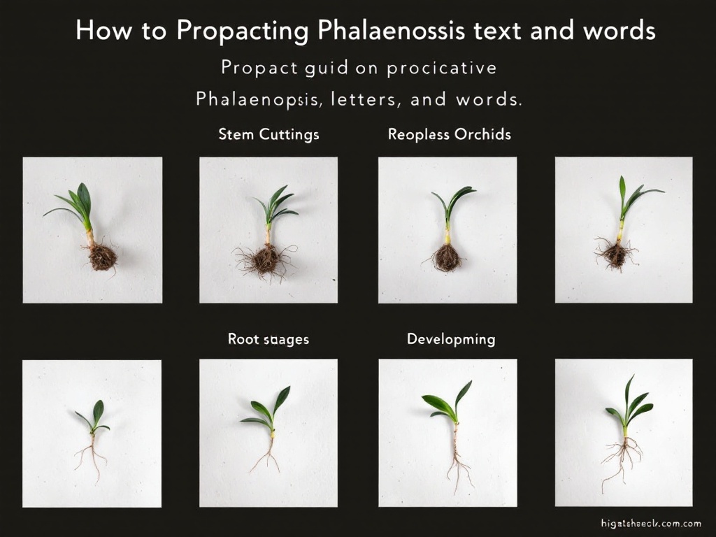 Propagation stages of Phalaenopsis orchids, showing stem cuttings and root development.