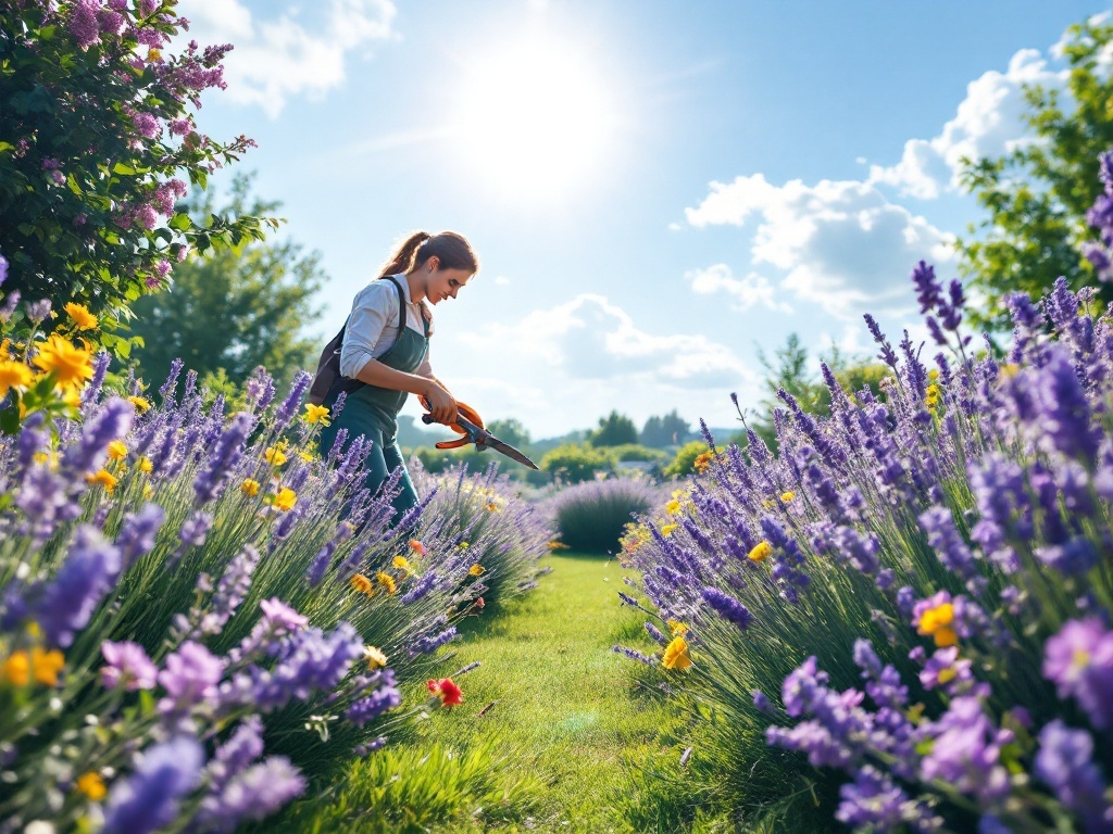 A gardener pruning lavender in a sunny field filled with colorful flowers.