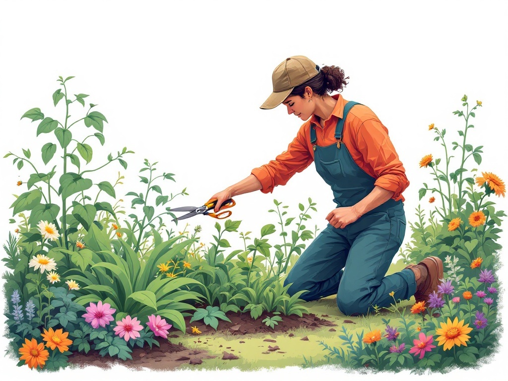 A person pruning plants in a colorful garden