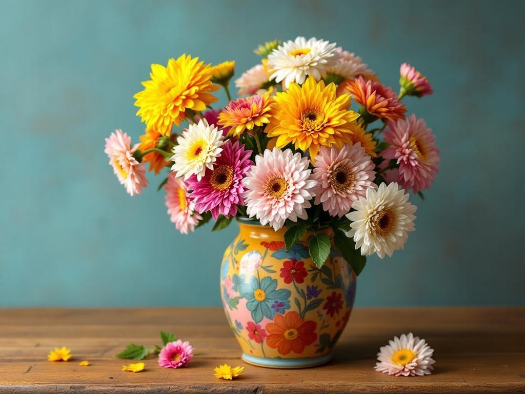 A vibrant bouquet of colorful chrysanthemums in a decorative vase.