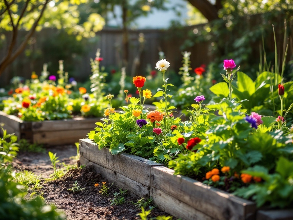A beautiful arrangement of colorful flowers in raised wooden garden beds, bathed in sunlight.