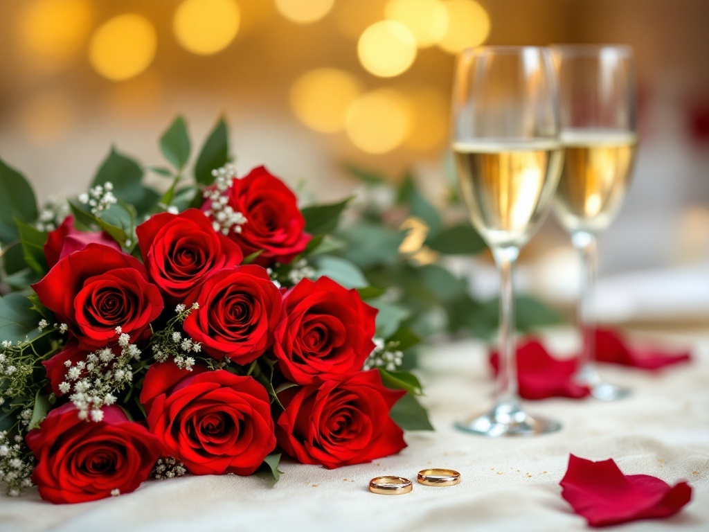 A beautiful bouquet of red roses with champagne glasses and wedding rings