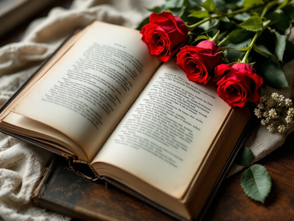 A beautiful bouquet of red roses on an open book, symbolizing love and literature.
