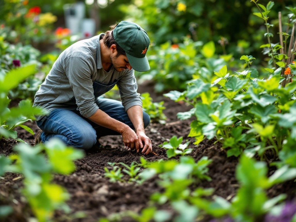 A person kneeling in a garden, carefully pulling weeds from the soil surrounded by green plants.