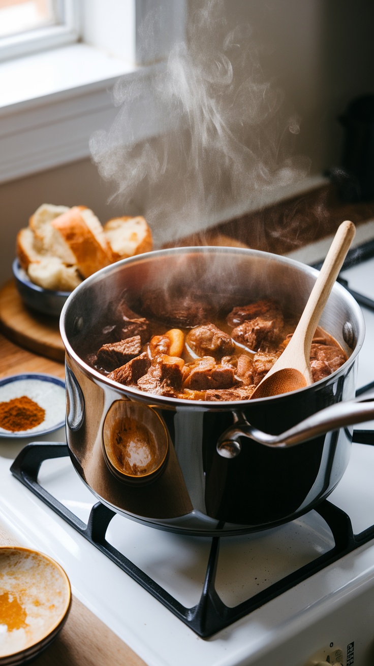 A pot of beef stew simmering on the stove with steam rising, surrounded by bread and spices.
