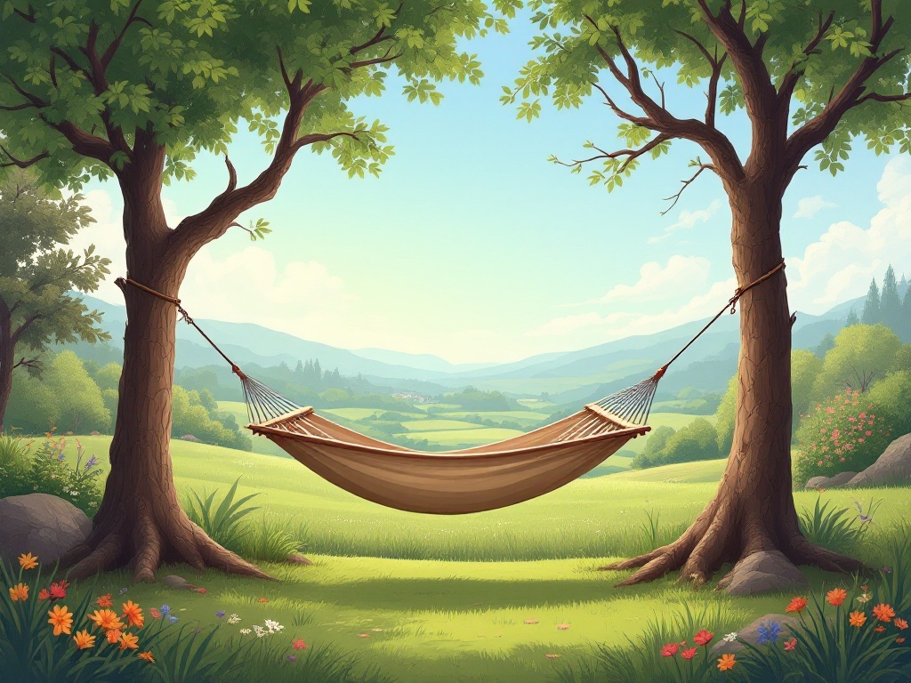 A serene hammock hanging between two trees in a lush green landscape.