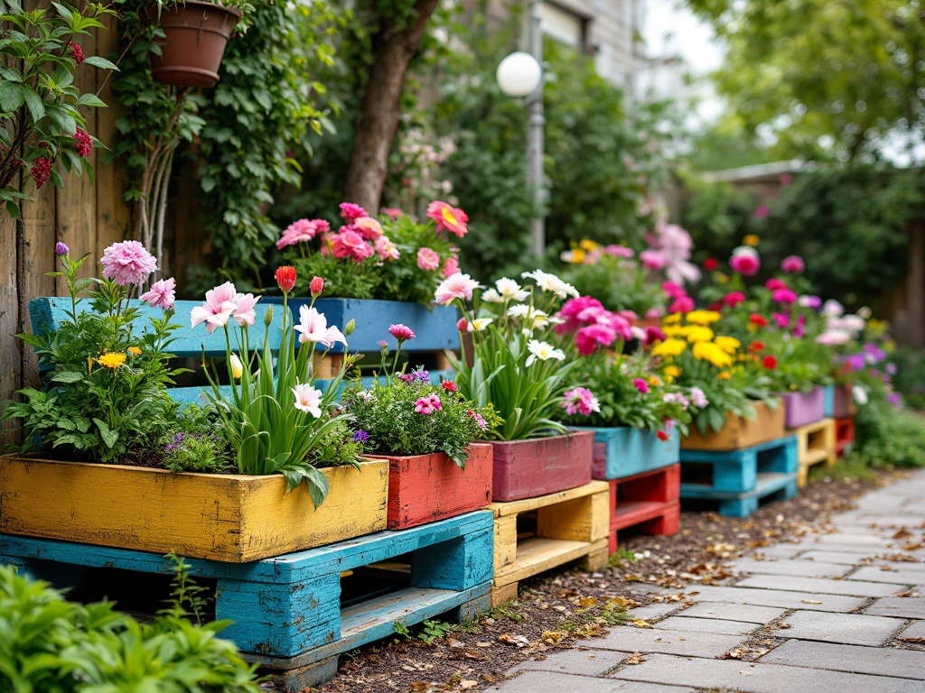 Colorful repurposed pallet planters filled with flowers in a garden setting.