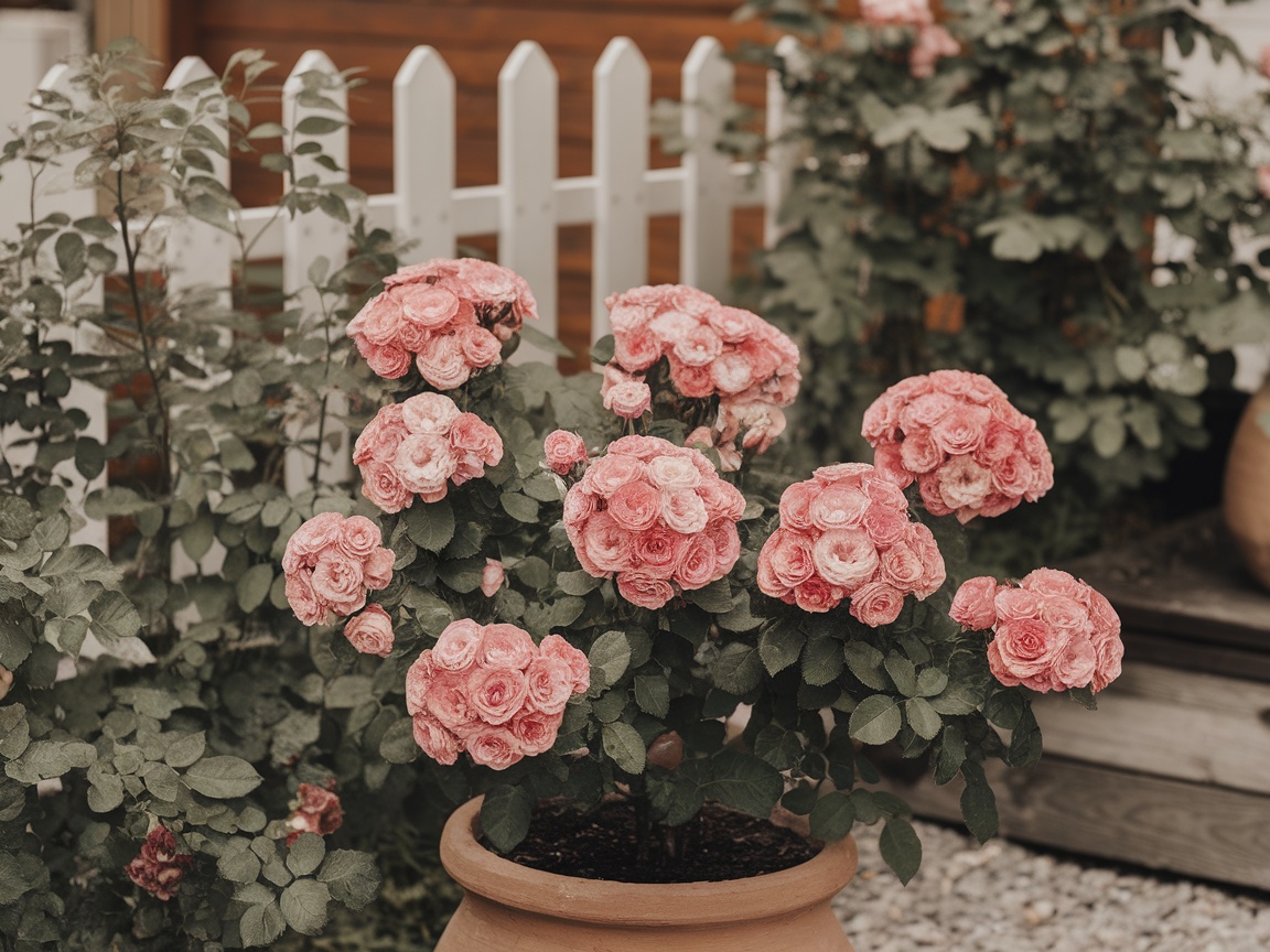 A cluster of pink Rosa 'Bonica' roses in a garden setting.
