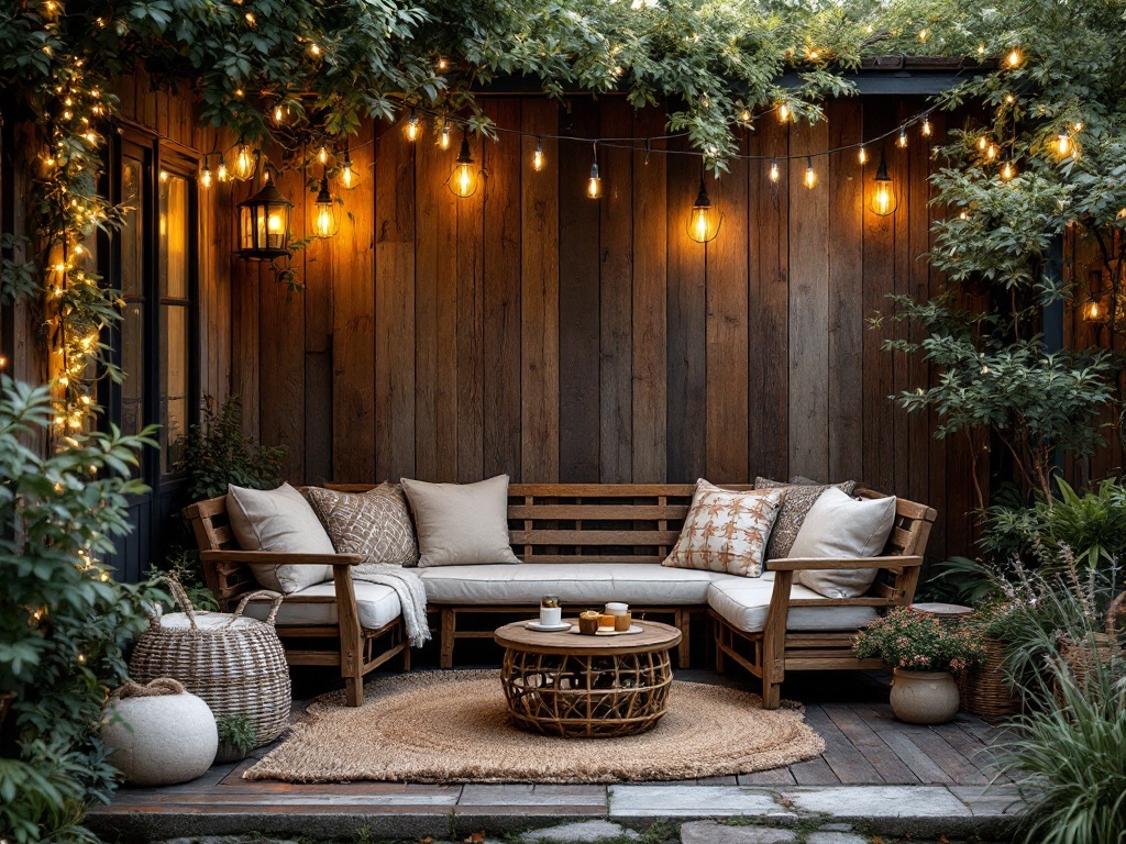 A rustic outdoor seating area with wooden bench, soft cushions, string lights, and a woven table surrounded by greenery.