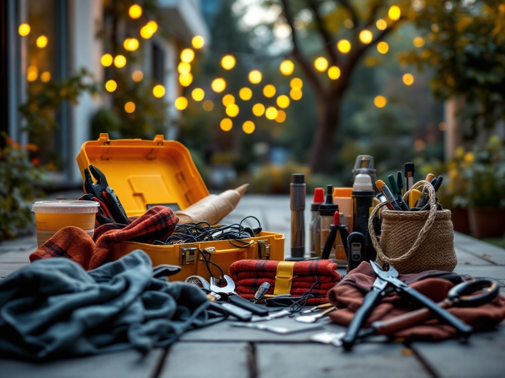 An array of tools and supplies for installing outdoor string lights, including a toolbox, various tools, and a drink, with string lights glowing in the background.