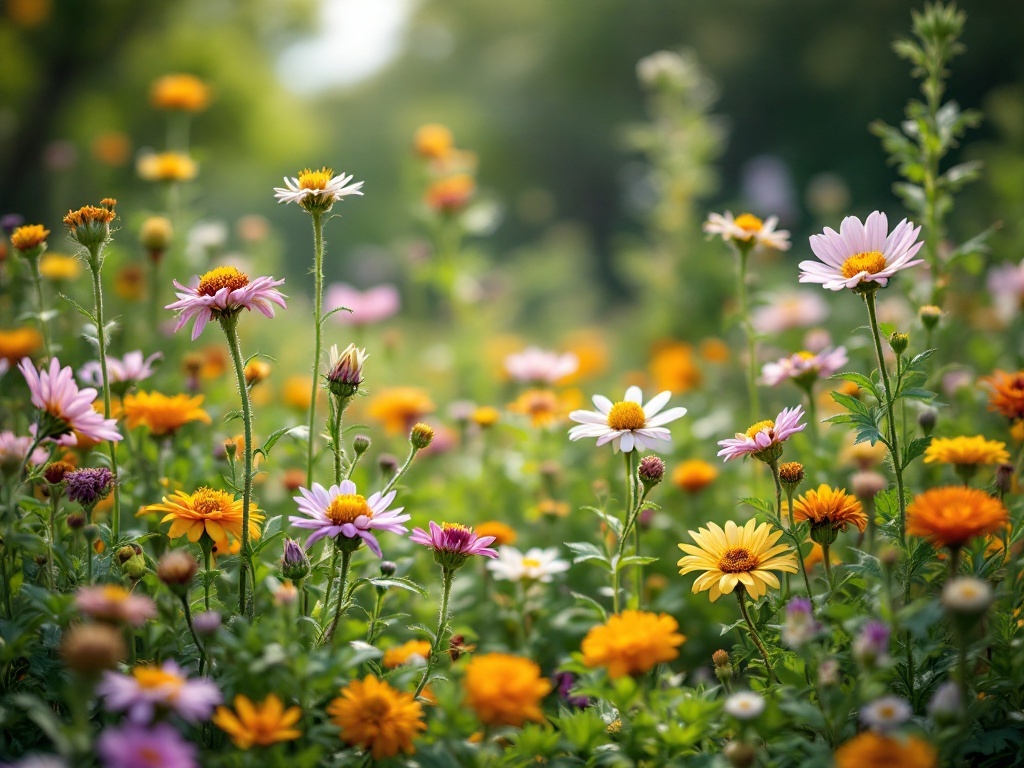Colorful wildflower meadow featuring various blooms in shades of pink, yellow, and white.