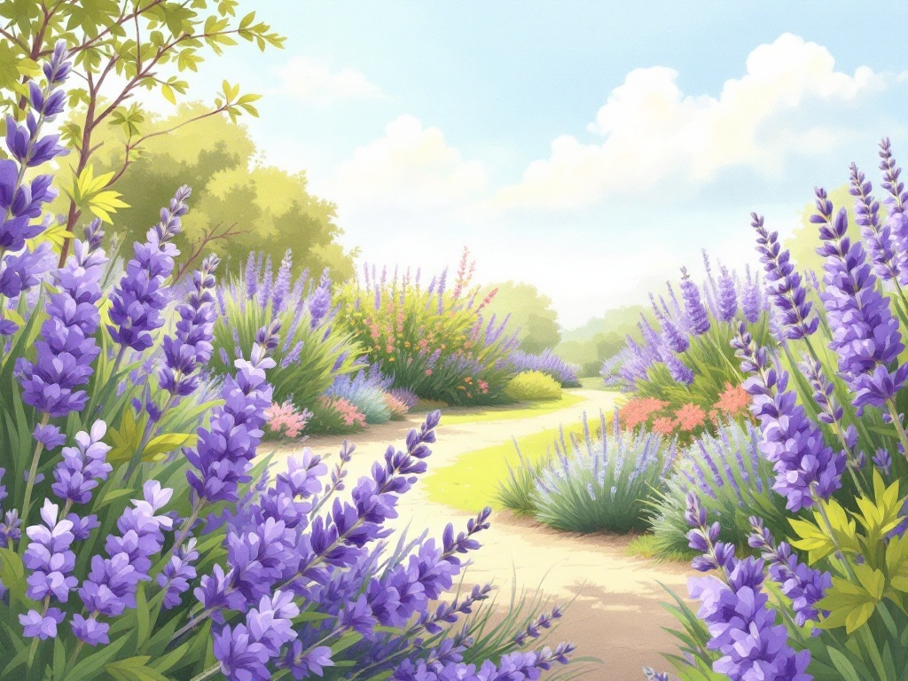 A beautiful garden pathway lined with vibrant lavender flowers in various shades of purple, surrounded by lush green plants under a bright sky.