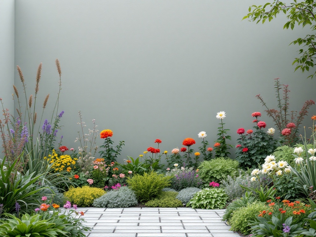 A vibrant minimalist garden with various flowers and greenery against a subtle backdrop.