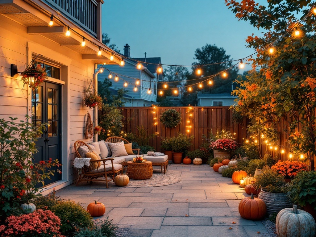 A beautifully decorated patio with string lights, pumpkins, and seasonal flowers.