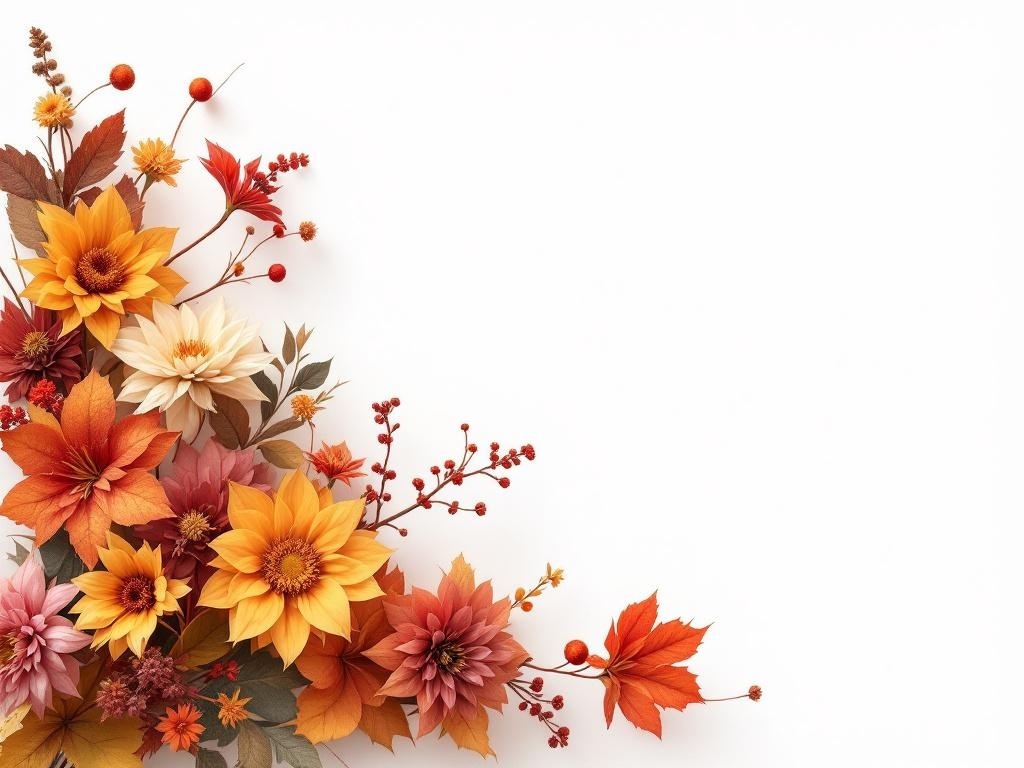 A vibrant fall flower arrangement featuring sunflowers, dahlias, and autumn leaves in shades of orange, red, and yellow.