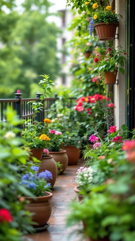 A vibrant terrace garden with various colorful plants in pots and hanging planters.