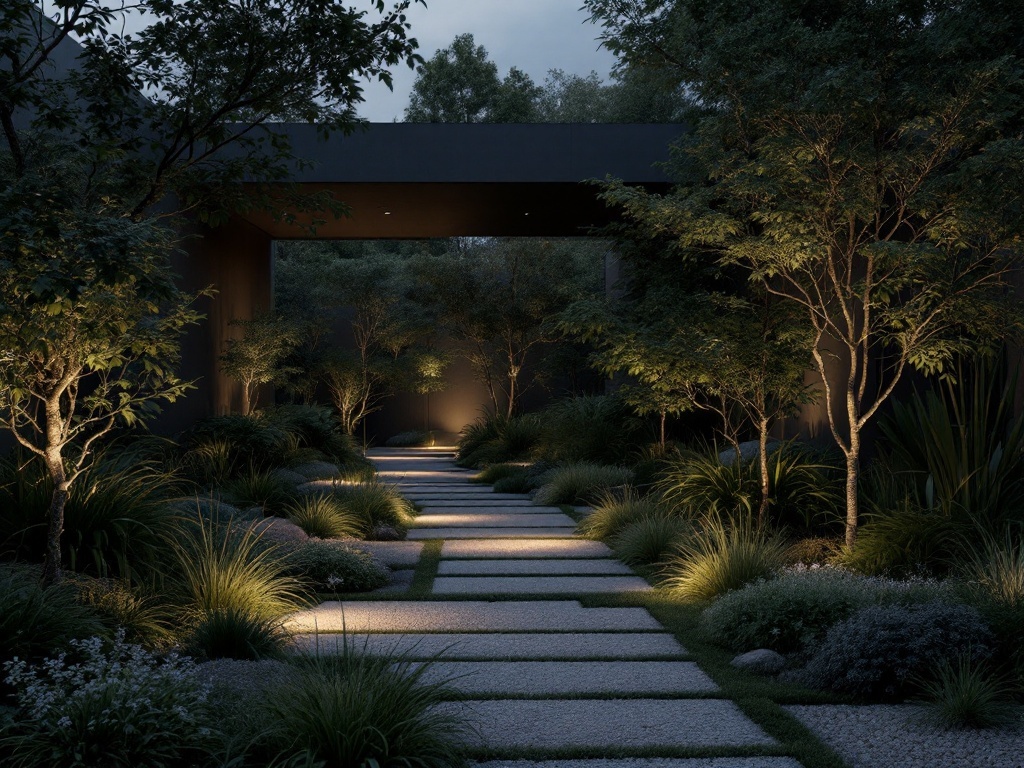 A beautifully lit minimalist garden path with soft lighting, surrounded by greenery.