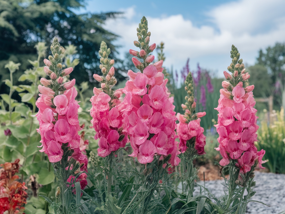 A close-up of vibrant pink snapdragon flowers against a blurred garden background.