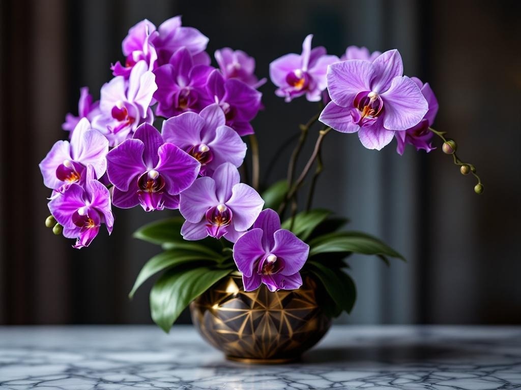 A cluster of purple orchids in a decorative pot on a marble surface.
