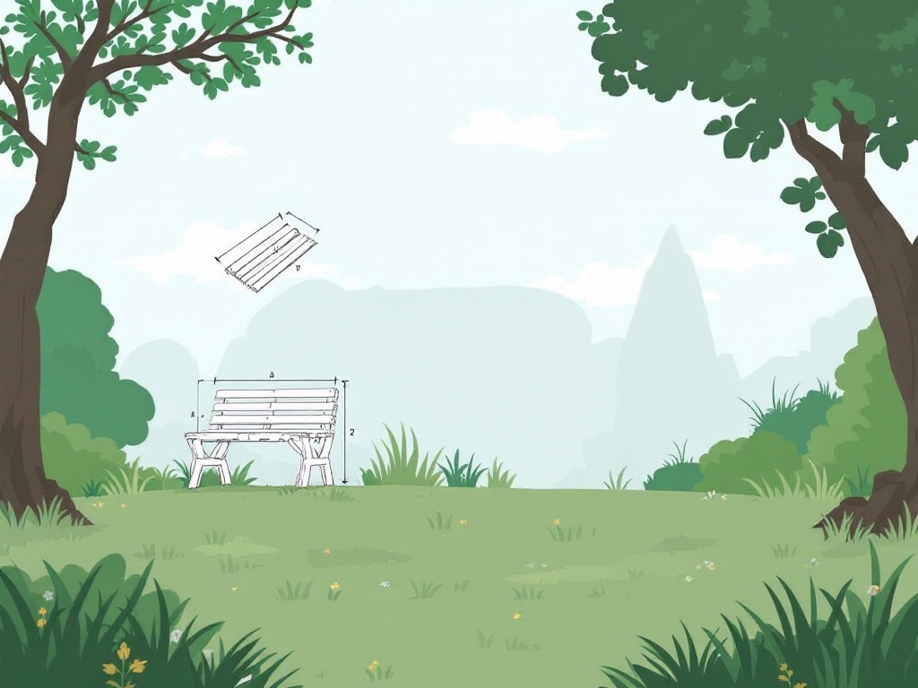 Illustration of a garden bench with design dimensions in a serene outdoor setting
