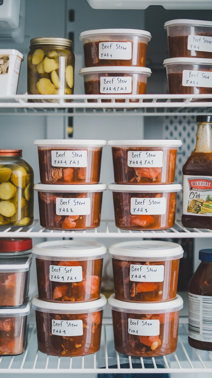 Containers of beef stew neatly organized in a refrigerator.