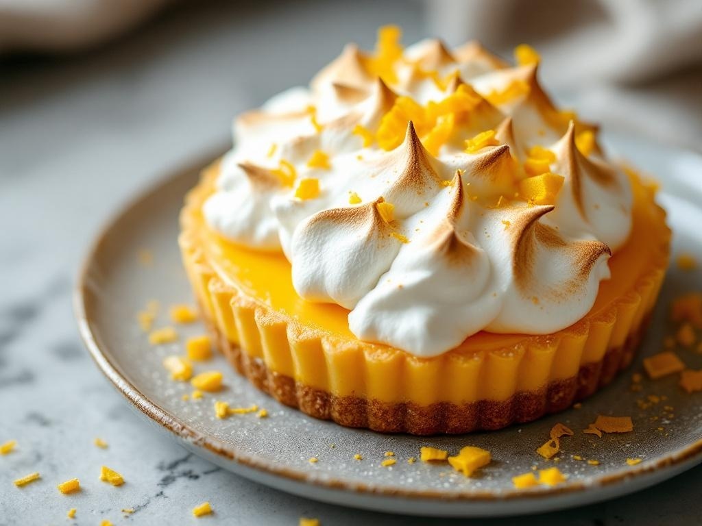 A stunning citrus tart topped with meringue and garnished with citrus zest.
