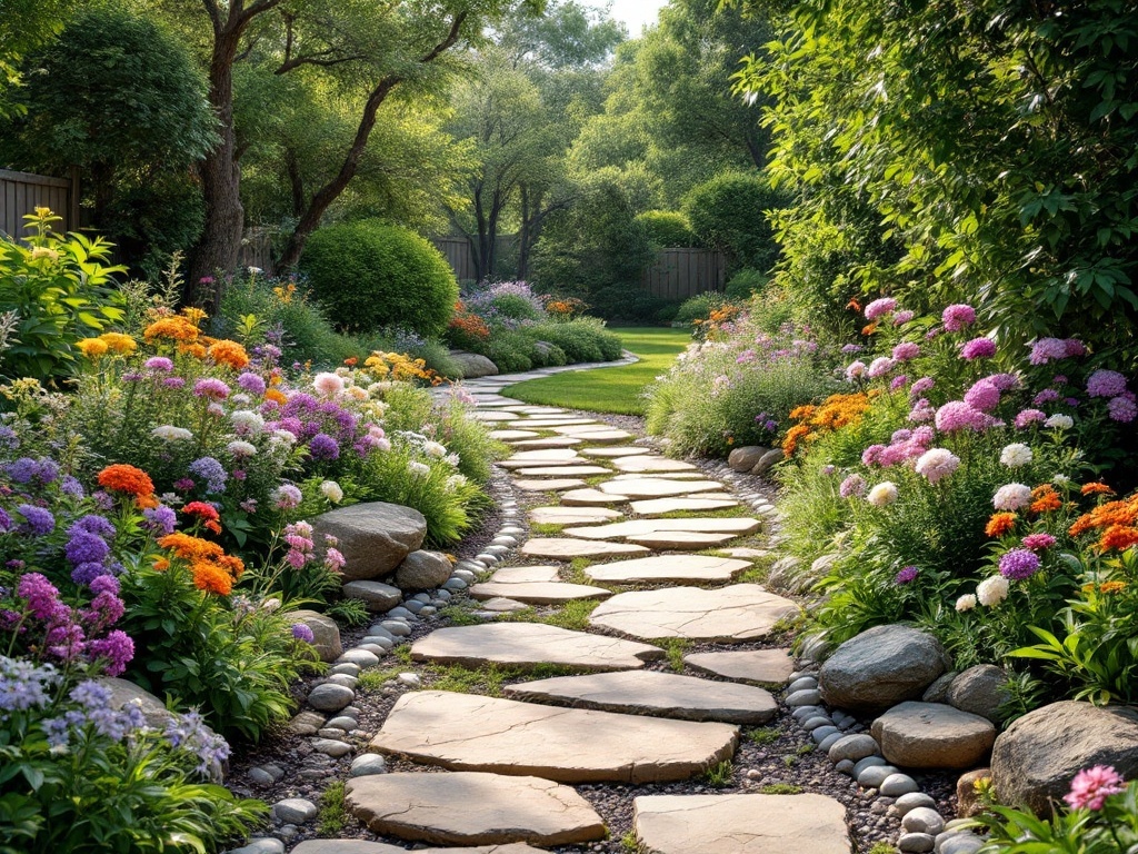 A picturesque garden pathway made of stone pavers, surrounded by colorful flowers and greenery.