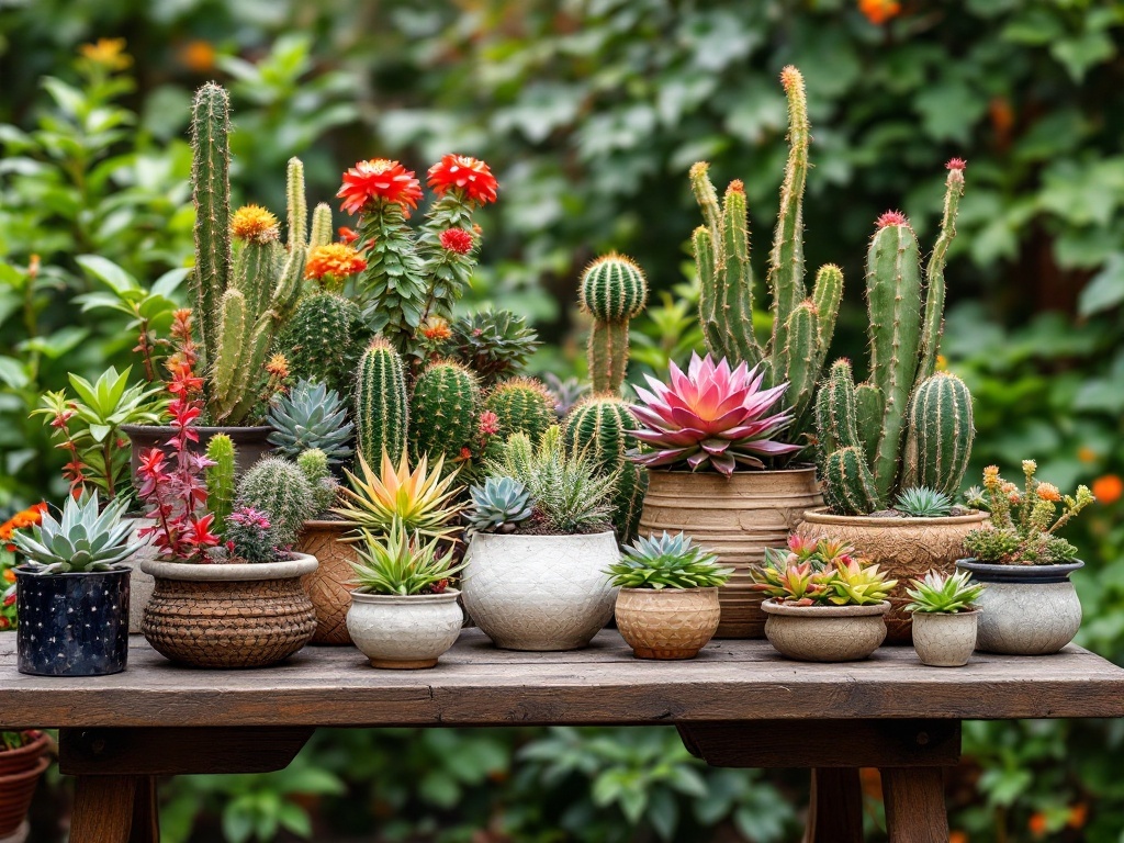 A vibrant assortment of succulents and cacti in various pots, displayed on a wooden table.