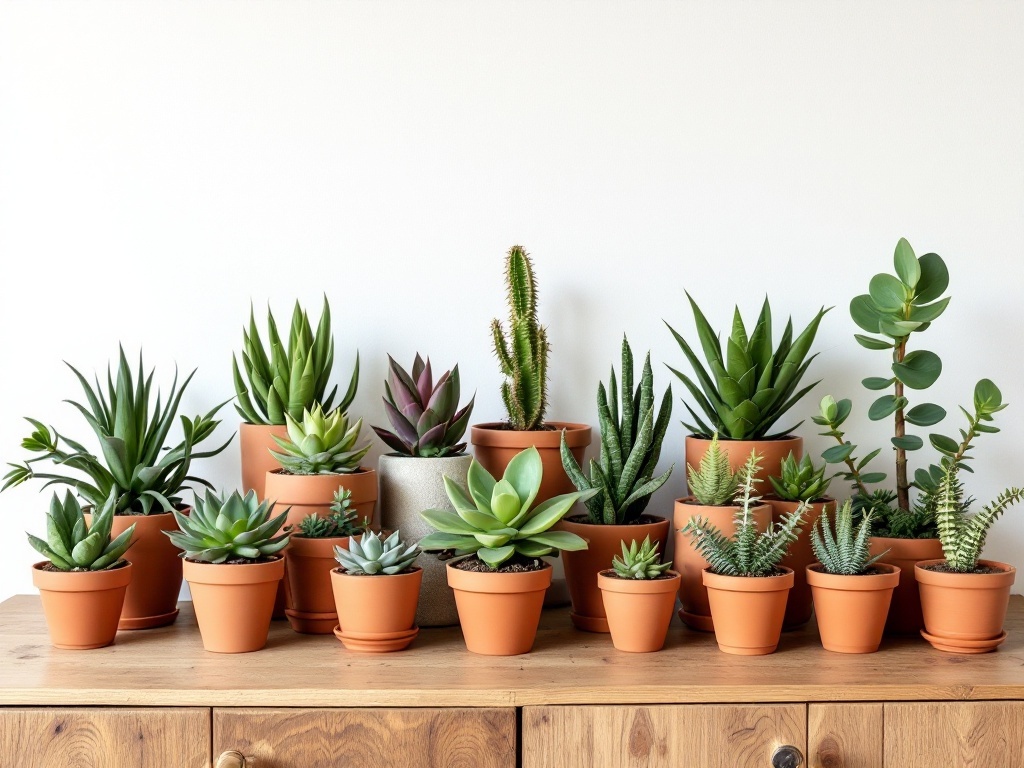 A collection of various succulents in terracotta pots on a wooden surface.