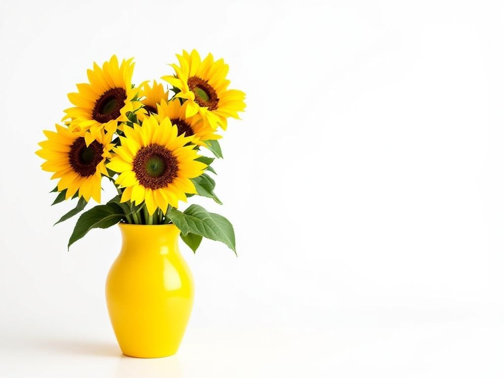 A vibrant bouquet of sunflowers in a yellow vase against a white background.