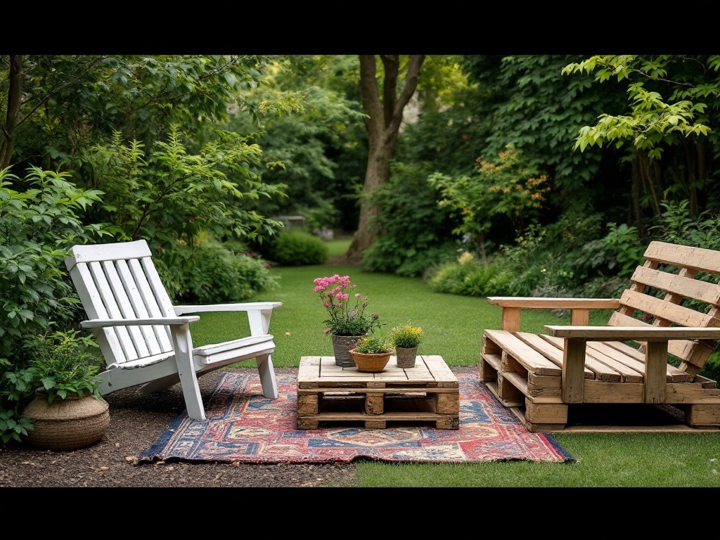 A cozy garden area featuring pallet benches and a small table surrounded by greenery.