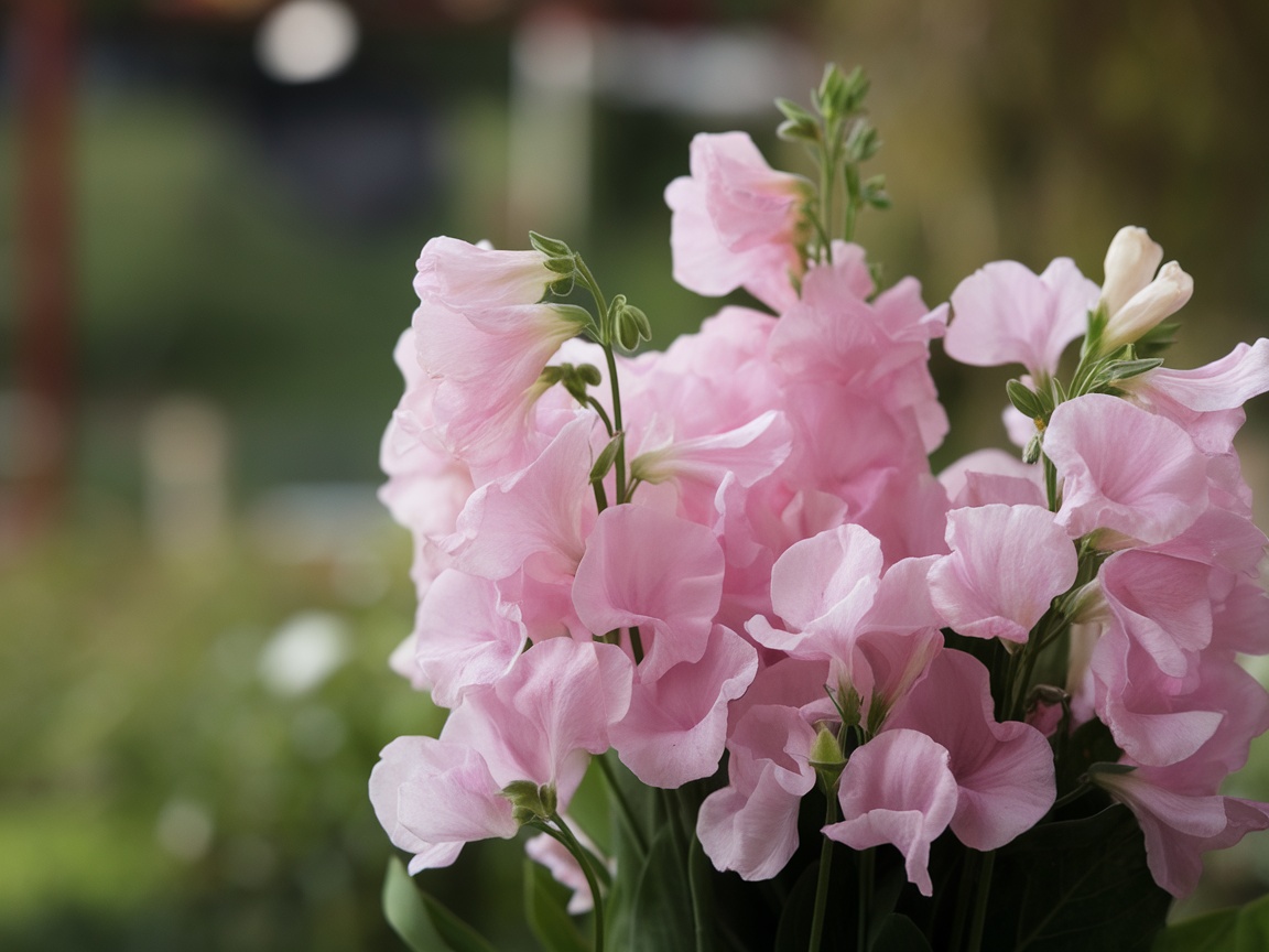 A bouquet of pink sweet pea flowers in a garden setting