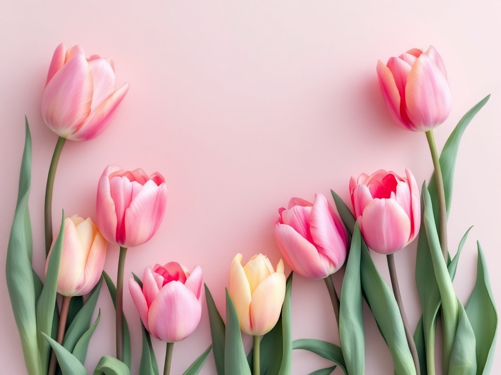A variety of pink tulips with green leaves against a soft pink background.