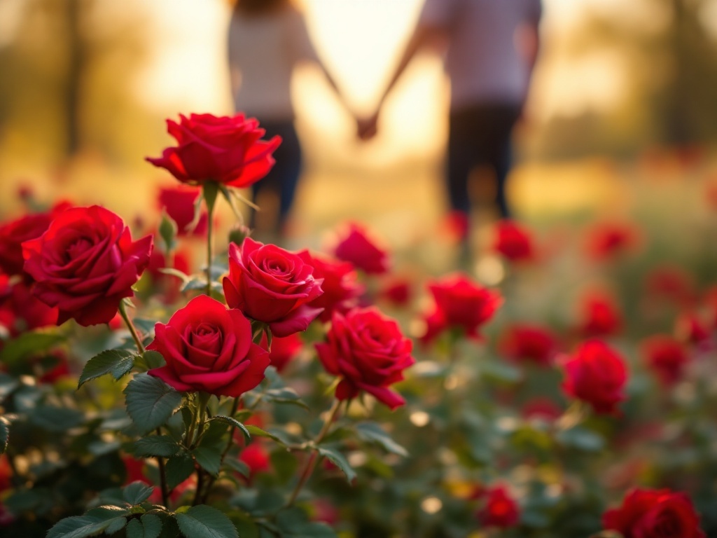 A bouquet of vibrant red roses with a couple holding hands in the background
