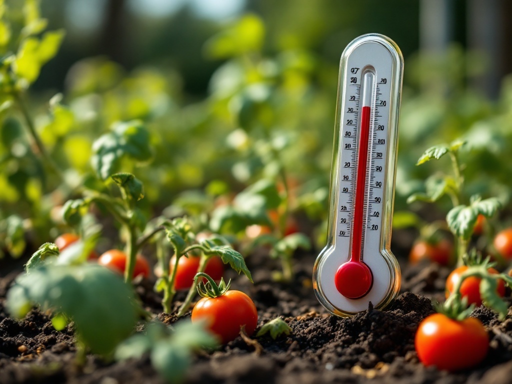 Thermometer placed among tomato plants in a garden.