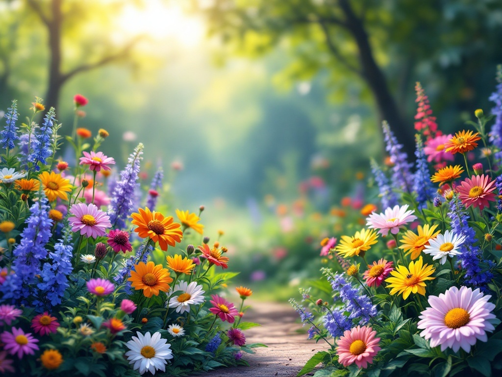A colorful wildflower meadow with various blooms and lush greenery