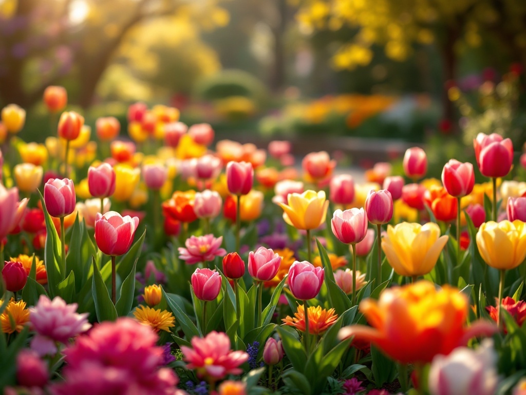A vibrant garden filled with blooming colorful tulips.
