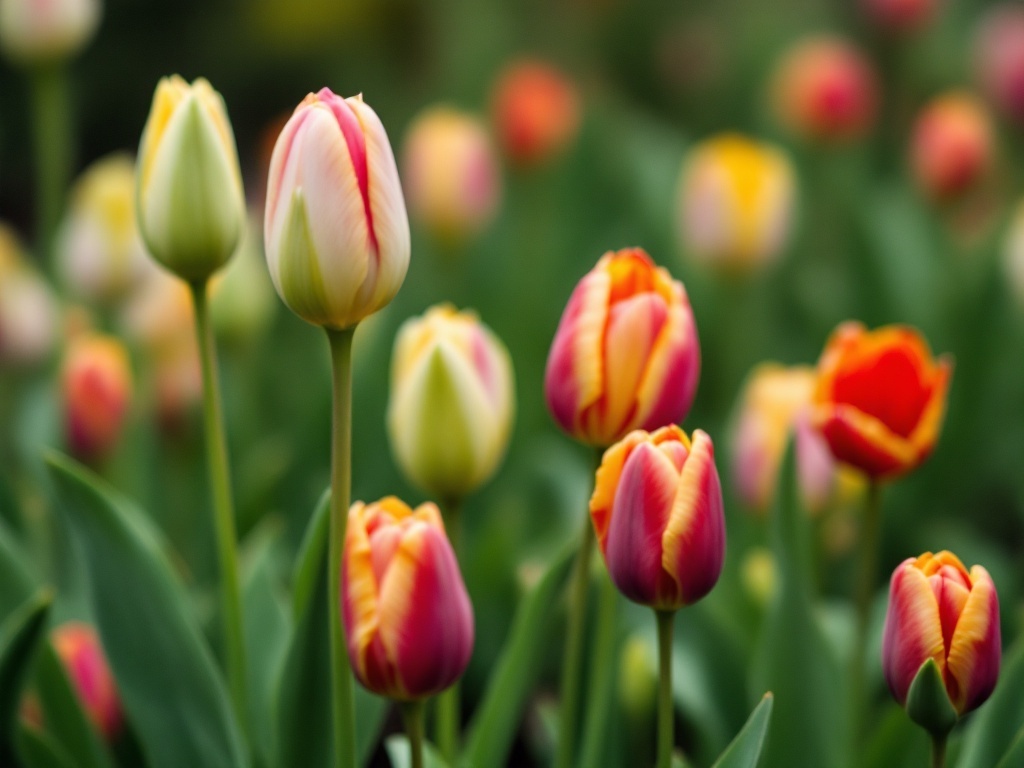 A vibrant display of blooming tulips in various colors, including pink and yellow.
